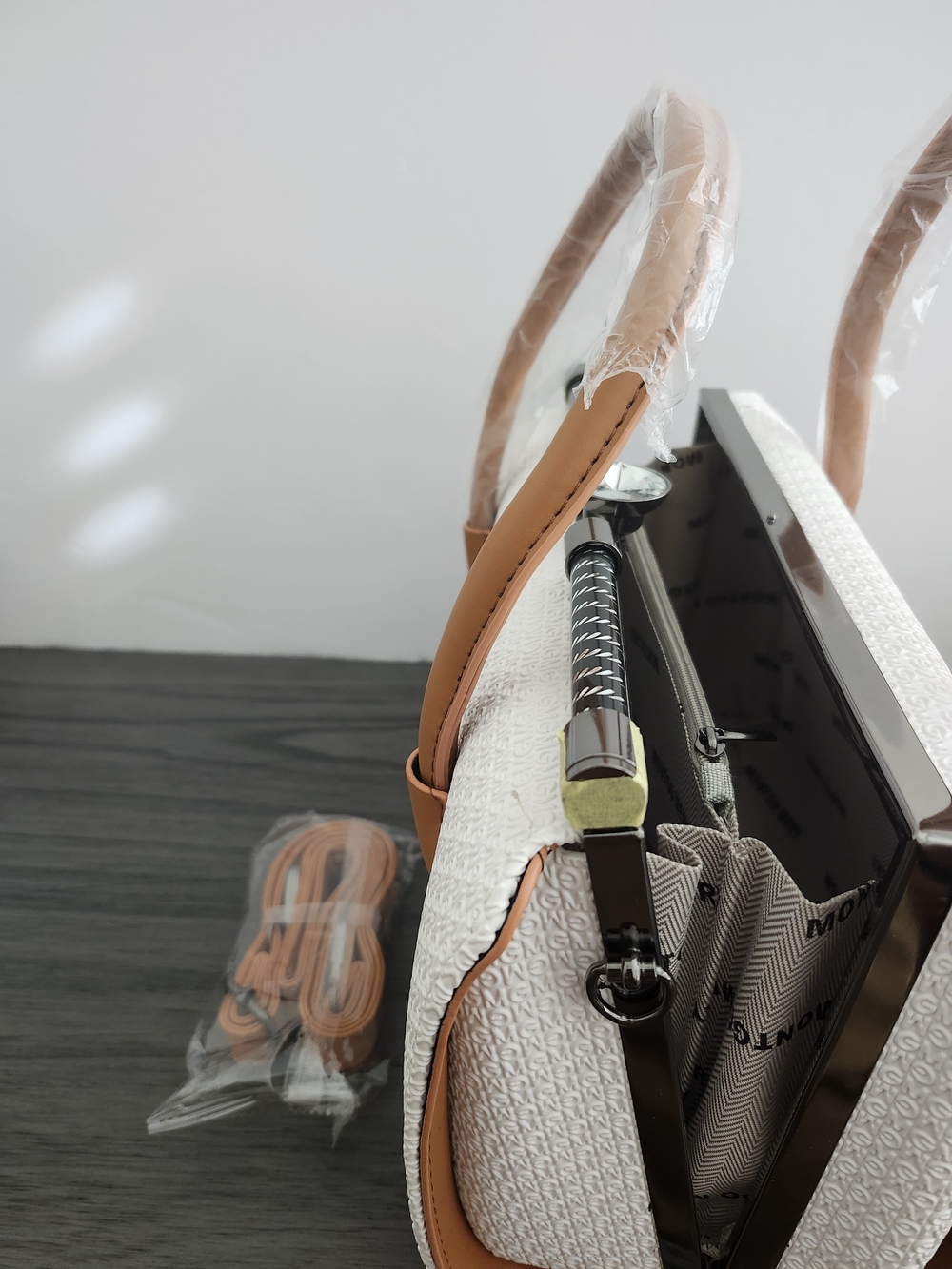 Structured White Satchel with Tan Accent - Picture 4 of 9